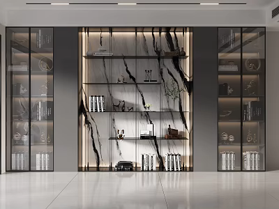 Elegant Modern Bookcase With Glass Doors Marble Texture Multilayer Shelves Books And Decorations 3d model