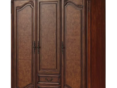 Classic Dark Brown Solid Wood Wardrobe With Carved Details And Three Doors Bottom Drawer 3d model