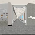 Modern Office Corridor With Wooden Doors Wall Paintings Ceiling Lighting And Polished Floor