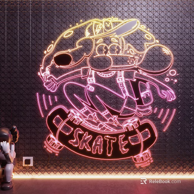 Neon Decorative Lights with Cartoon Character Skateboard and SKATED Text Design on Black Background 3d model 