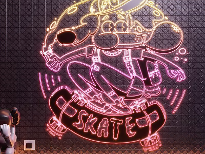 Neon Decorative Lights with Cartoon Character Skateboard and SKATED Text Design on Black Background 3d model