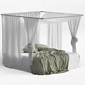Cozy Double Bed with White Canopy Green Blanket and Soft Pillows 3d model