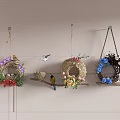 Aerial View of Wall Mounted Bird Nest Decorations With Various Colored Flowers And Bird Models