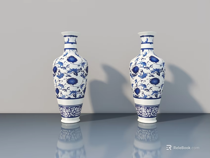 Two Traditional Blue And White Porcelain Ceramic Vases With Floral Patterns On Smooth Surface 3d model 