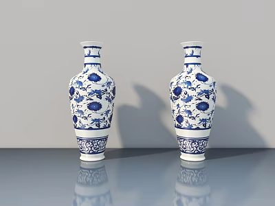 Two Traditional Blue And White Porcelain Ceramic Vases With Floral Patterns On Smooth Surface 3d model