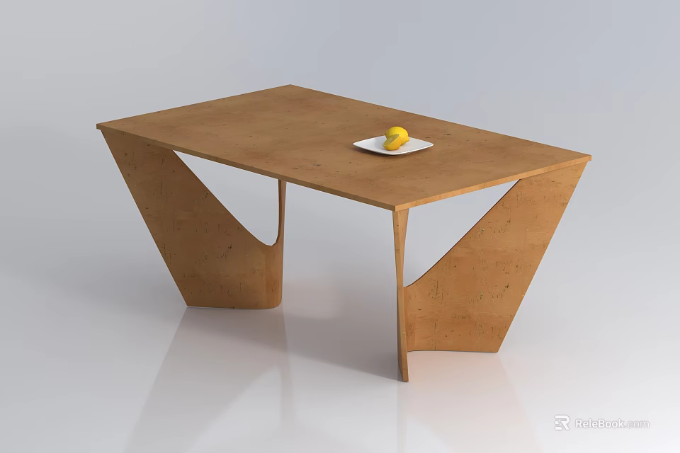 Brown Coffee Table Featuring Unique Geometric Legs With White Plate And Yellow Fruit On Surface 3d model 