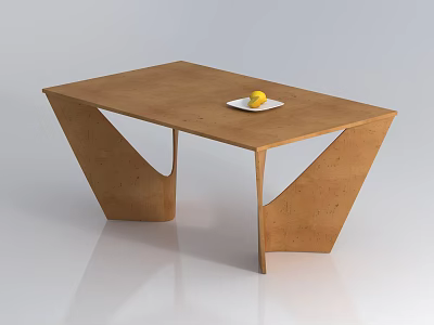 Brown Coffee Table Featuring Unique Geometric Legs With White Plate And Yellow Fruit On Surface 3d model