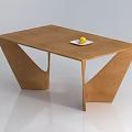 Brown Coffee Table Featuring Unique Geometric Legs With White Plate And Yellow Fruit On Surface