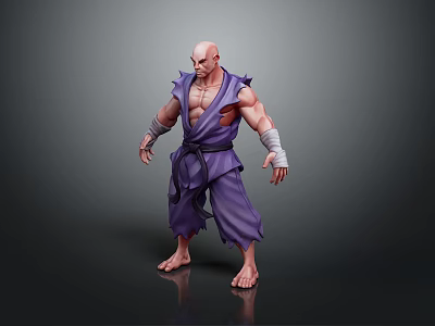 Muscular Bald Male Character in Purple Robe with Bandaged Wrists and Dark Belt Standing Barefoot 3d model