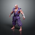 Muscular Bald Male Character in Purple Robe with Bandaged Wrists and Dark Belt Standing Barefoot