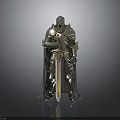 Man In Medieval Metallic Armor Standing With Cloak And Sword