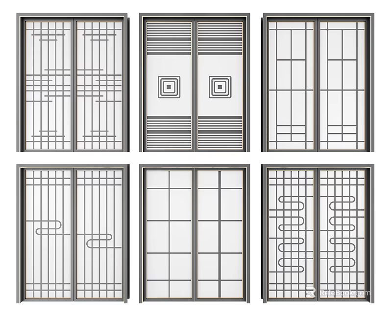 Stylish Sliding Doors with Various Decorative Grid Patterns for Home Interior 3d model