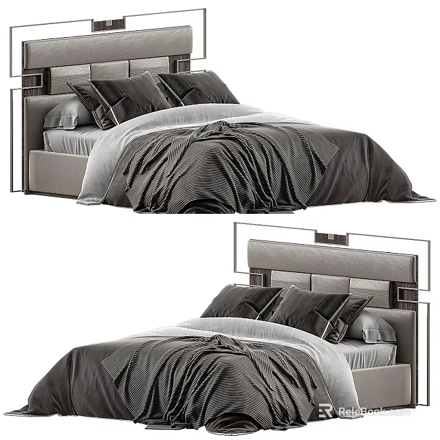 Modern Double Bed With Metal Frame Headboard And Gray Bedding Design 3d model 