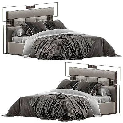 Modern Double Bed With Metal Frame Headboard And Gray Bedding Design 3d model