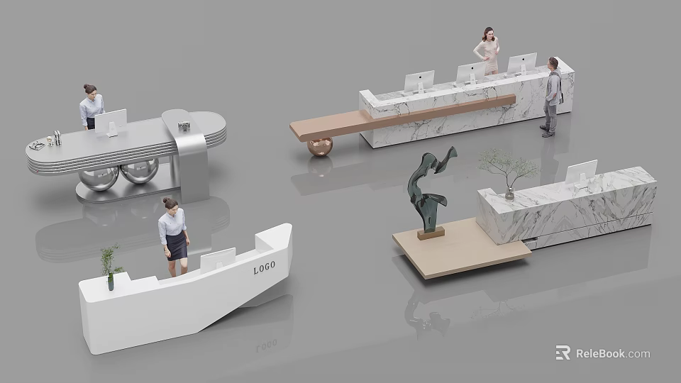 Elegant Modern Front Desk Reception Area With Marble Counter And Staff 3d model 