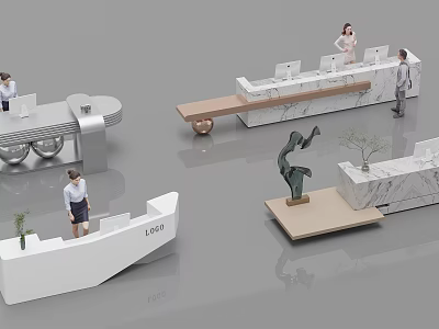 Elegant Modern Front Desk Reception Area With Marble Counter And Staff 3d model