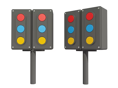 Two Traffic Lights With Red Blue Yellow Signals And Black Housing On Poles 3d model