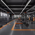 Spacious Modern Fitness Gym With Workout Equipment Dumbbells And Orange Lines