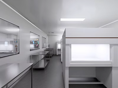 Modern Laboratory Interior Design With White Workbenches Fume Hoods And Lighting 3d model