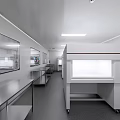 Modern Laboratory Interior Design With White Workbenches Fume Hoods And Lighting