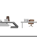 Modern Office Desk Design With White Tabletop Brown Chair And Storage