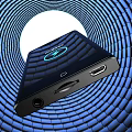Black Headphone Speaker With Circular Blue Halo Blue Concentric Circle Waves Background And Side Ports
