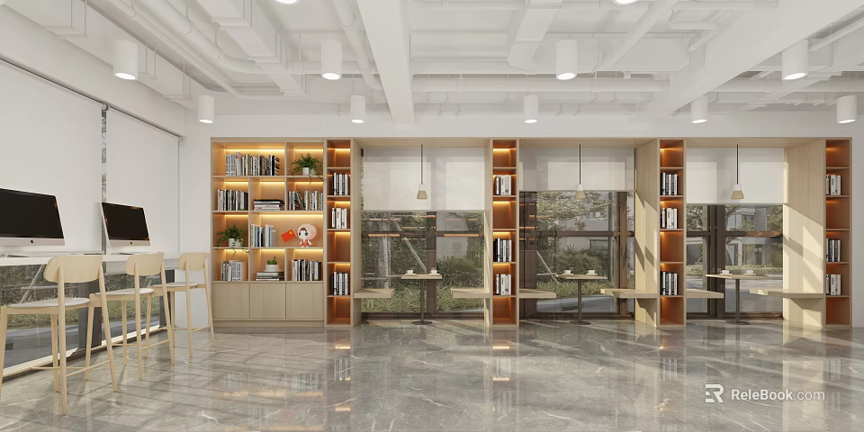Modern Book Art Reading Space With Wooden Shelves Books Plants And Windows 3d model 