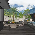 Modern Courtyard Garden With Wooden Deck Outdoor Dining Set Sofa Seating And Mountain View