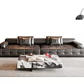 Modern Black Leather Modular Sofa and Coffee Table Set with Marble Top and Floor Lamp