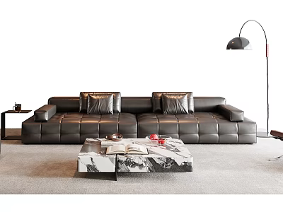 Modern Black Leather Modular Sofa and Coffee Table Set with Marble Top and Floor Lamp 3d model