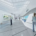 Modern Exhibition Hall Interior With Geometric Ceiling Digital Screens And People Visiting