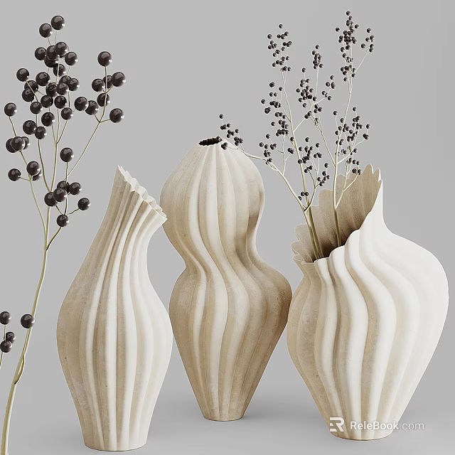 Modern Style Ceramic Vases with Striped Patterns and Decorative Branches with Black Berries 3d model 
