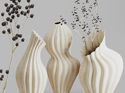 Modern Style Ceramic Vases with Striped Patterns and Decorative Branches with Black Berries 3d model
