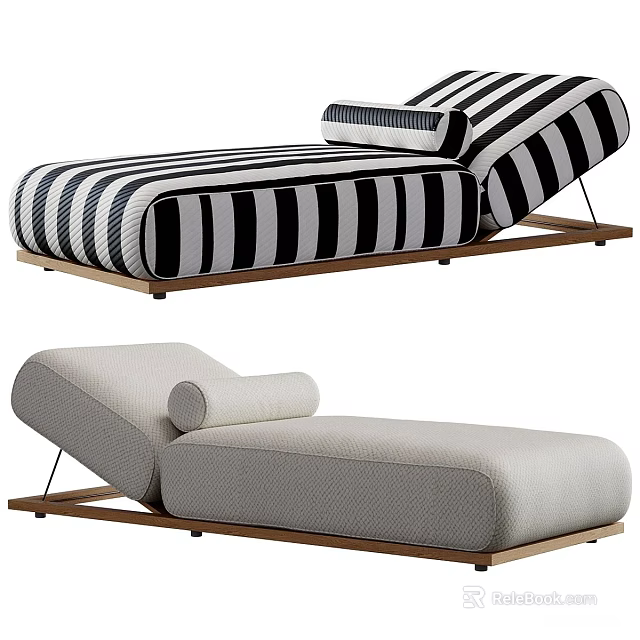 Modern Upholstered Chaise Lounge With Black White Striped And Beige Design Wooden Frame 3d model 