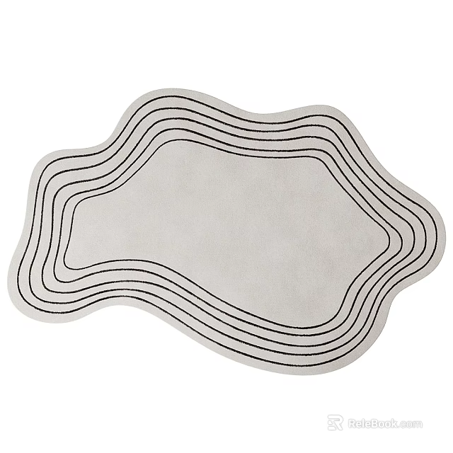 Stylish Irregular Shaped Rug with Wavy Black Lines and Light Gray Surface 3d model 