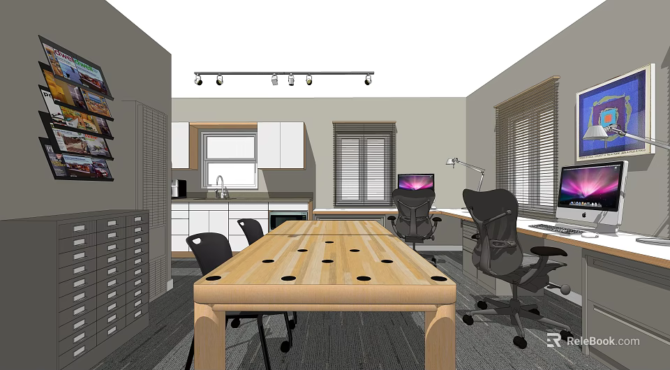 Modern Public Office Space With Long Wooden Table Black Office Chairs And Computers 3d model 