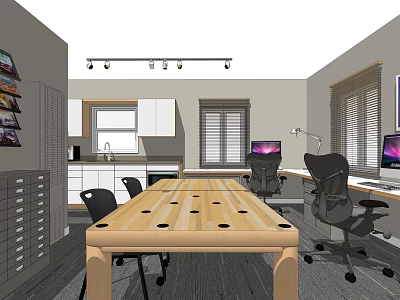 Modern Public Office Space With Long Wooden Table Black Office Chairs And Computers 3d model