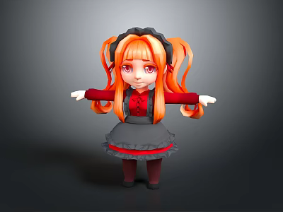 Cartoon Woman With Orange Long Hair Pigtails Red Top Gray Skirt Arms Outstretched 3d model