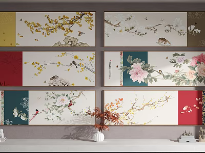 Set of Colorful Botanical Paintings With Floral Branches And Bird Designs 3d model