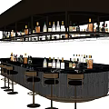 Modern Stylish Bar Interior With Curved Black Countertop Metal Stools And Bottle Shelves