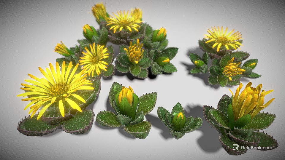 Clustered Yellow Flowering Plants With Green Serrated Leaves And Fresh Blooms 3d model 