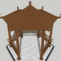 Traditional Chinese Wooden Pavilion With Hexagonal Roof And Carved Bench Seats