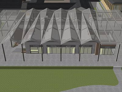 Modern Commercial Street With Geometric Glass Roof And Storefronts Design 3d model