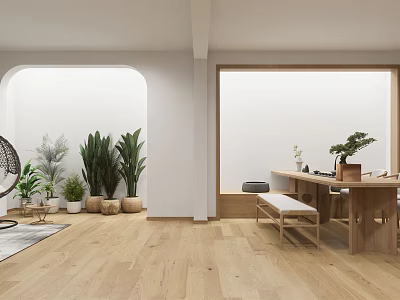 Modern Tea Room Interior Design With Wooden Furniture Plants And Natural Light 3d model