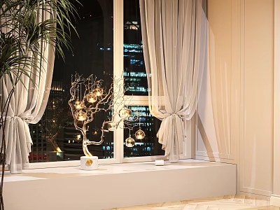 Elegant Golden Branch Decorative Light with Glass Balls by Window and Night City View 3d model