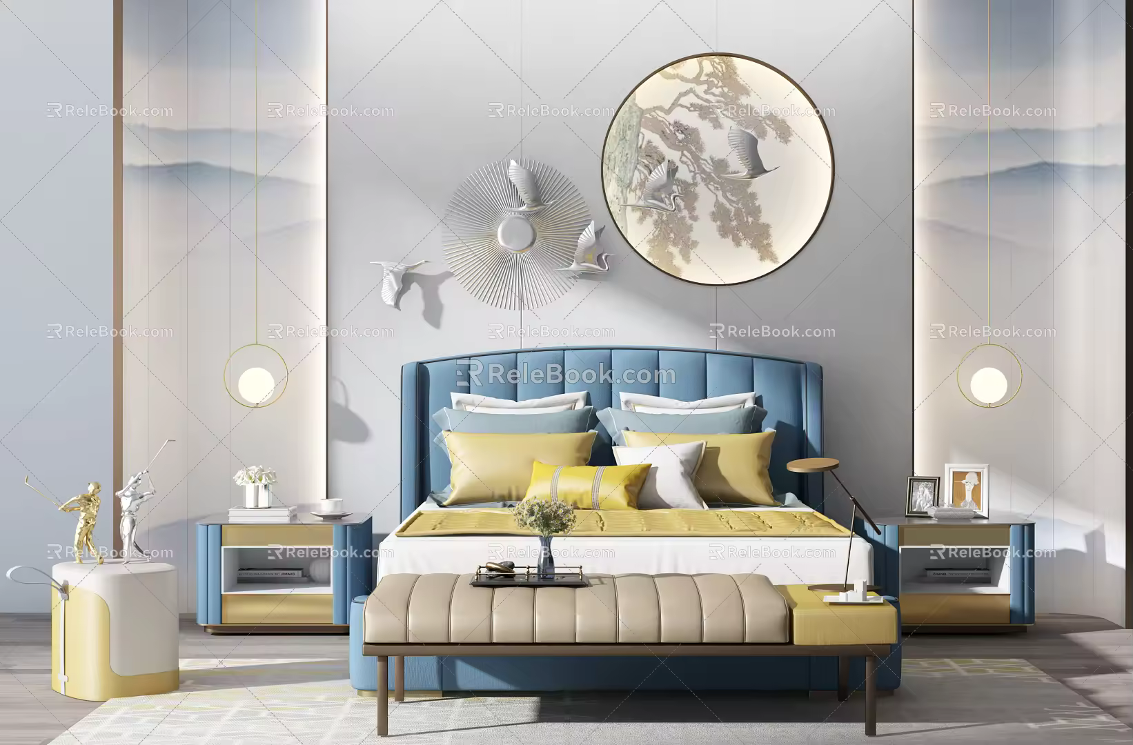Modern Background Double Bed Combination Bedside Table Coffee Table Chandelier 3d model