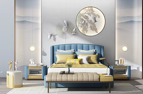 Modern Background Double Bed Combination Bedside Table Coffee Table Chandelier 3d model