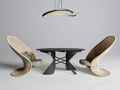 Modern Round Table With Woven Curved Chairs Under Stylish Pendant Light 3d model