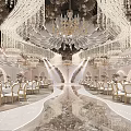 Elegant Luxurious Banquet Hall Interior With Crystal Chandeliers Golden Chairs And Shiny Marble Floor