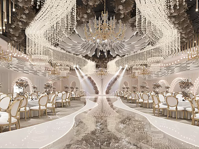 Elegant Luxurious Banquet Hall Interior With Crystal Chandeliers Golden Chairs And Shiny Marble Floor 3d model